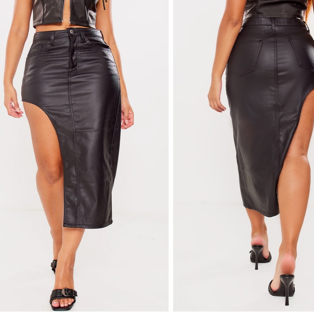 Black leather asymmetric skirt